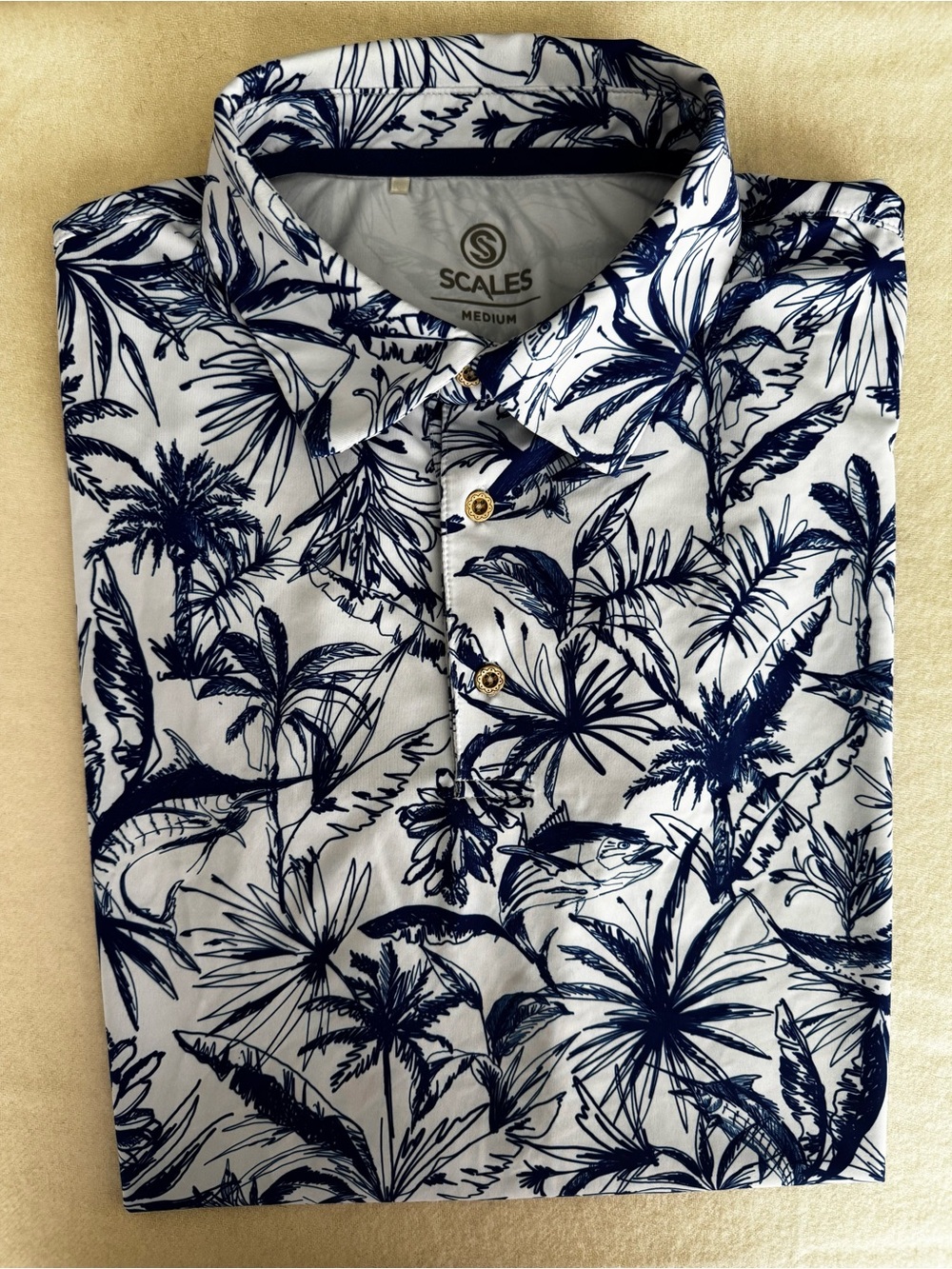 Scales Men's White Polo with Navy Palm Print